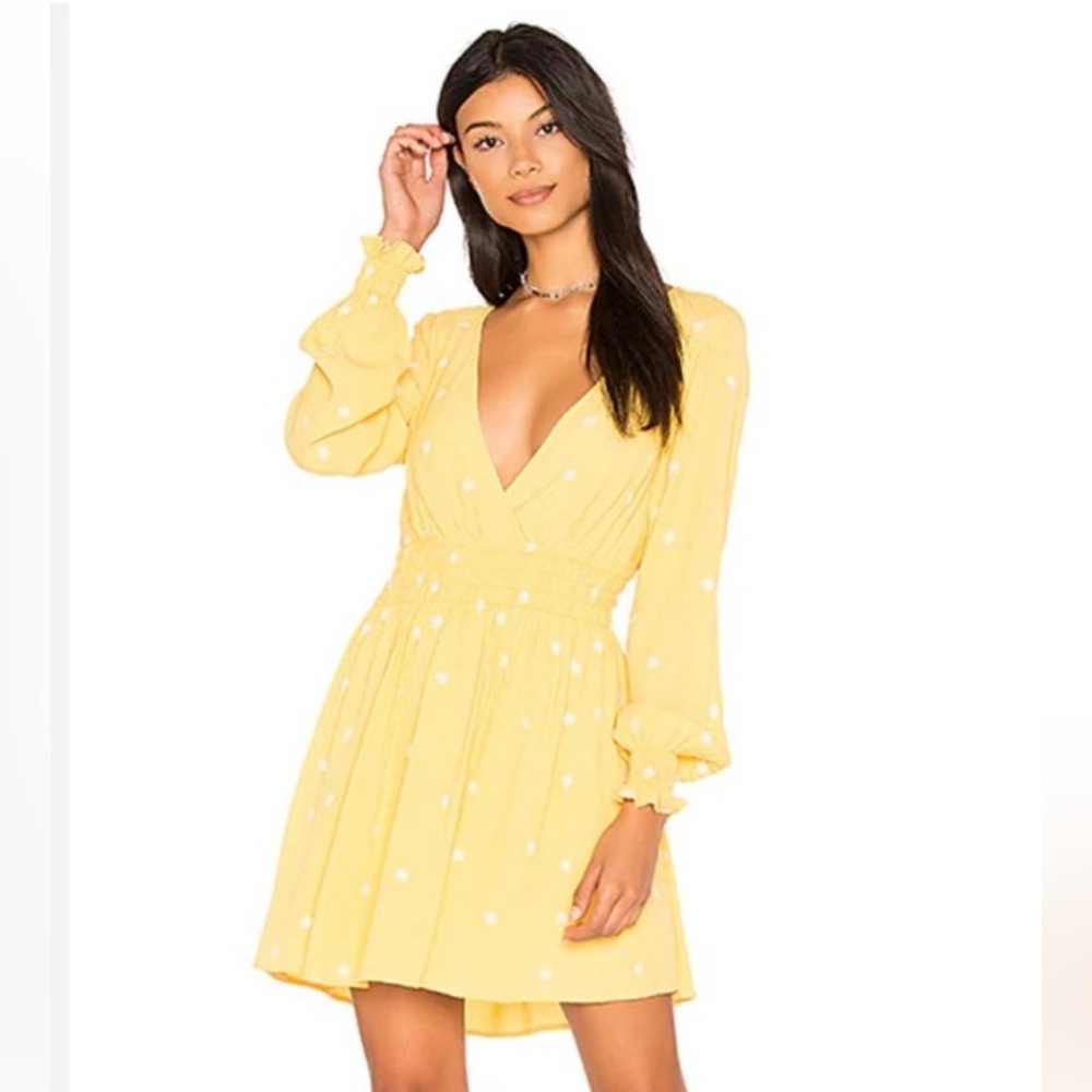 For Love & Lemons Yellow Chiquita Floral Embroidered Crepe Fit & Flare Dress XS